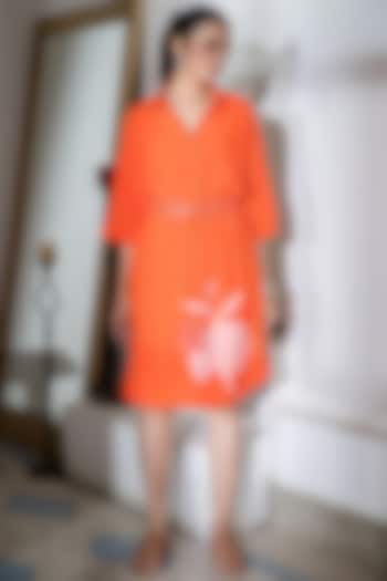 Orange Printed & Embroidered Midi Shirt Dress by Naav by Avneet