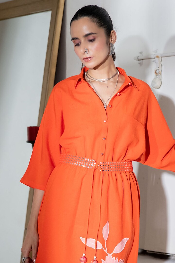 Orange Printed & Embroidered Midi Summer Shirt Dress by Naav by Avneet at Pernia's Pop Up Shop
