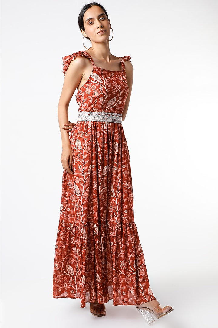 Rust Digital Printed Tiered Maxi Summer Dress by Naav by Avneet at Pernia's Pop Up Shop