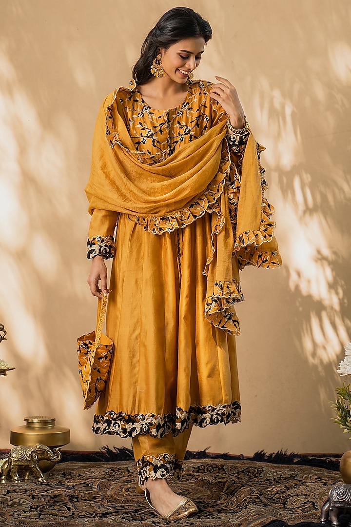 Mustard Embroidered Anarkali Set by Naaz by noor
