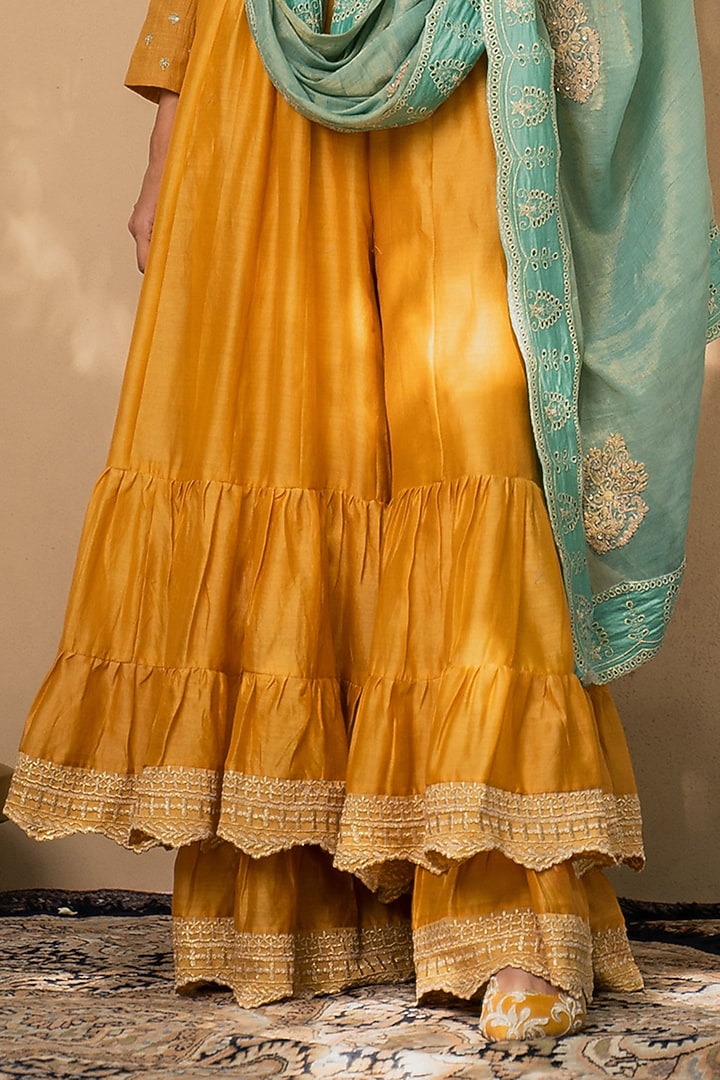 Mustard Chanderi Party Wear Sharara Set by Naaz by noor at Pernia's Pop Up Shop