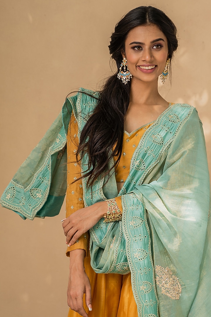 Mustard Chanderi Party Wear Sharara Set by Naaz by noor at Pernia's Pop Up Shop