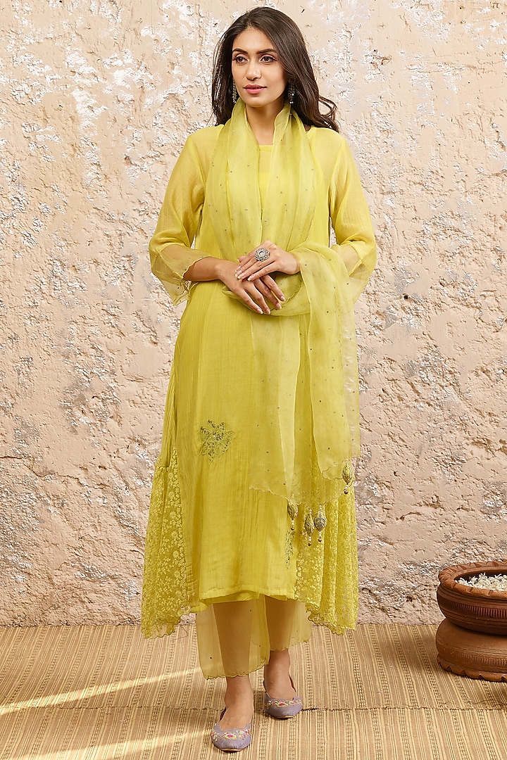 Lime Green Embroidered Kurta Set by Naaz by noor