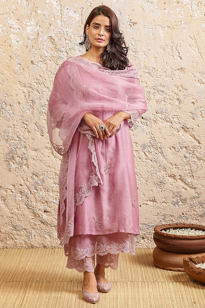 Old Rose Embroidered Kurta Set by Naaz by noor