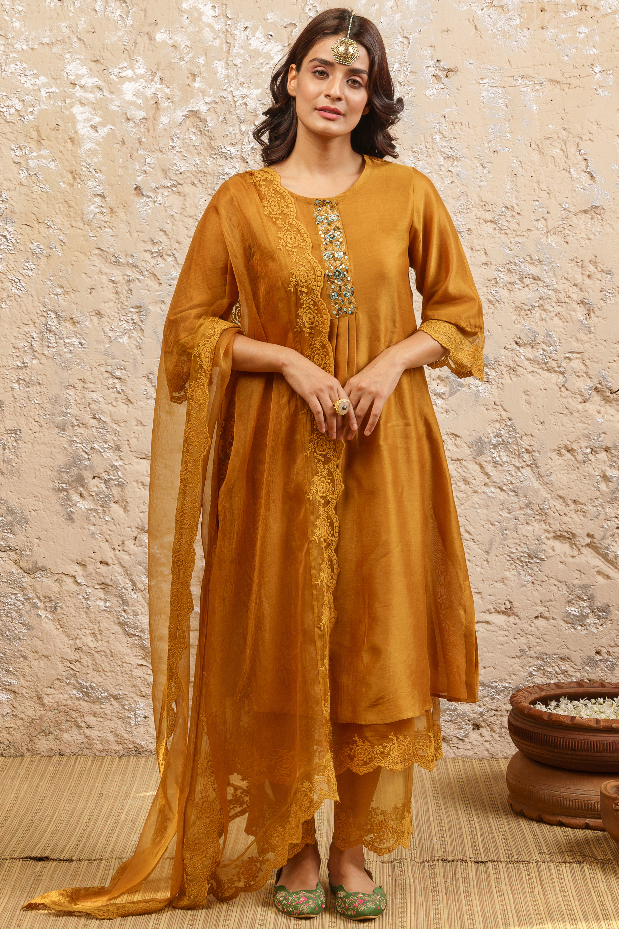 Mustard Embroidered Kurta Set by Naaz by noor