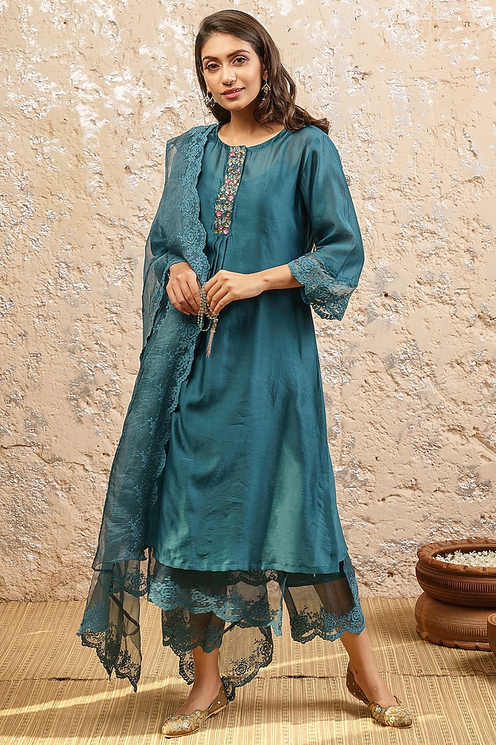 Teal Embroidered Kurta Set by Naaz by noor