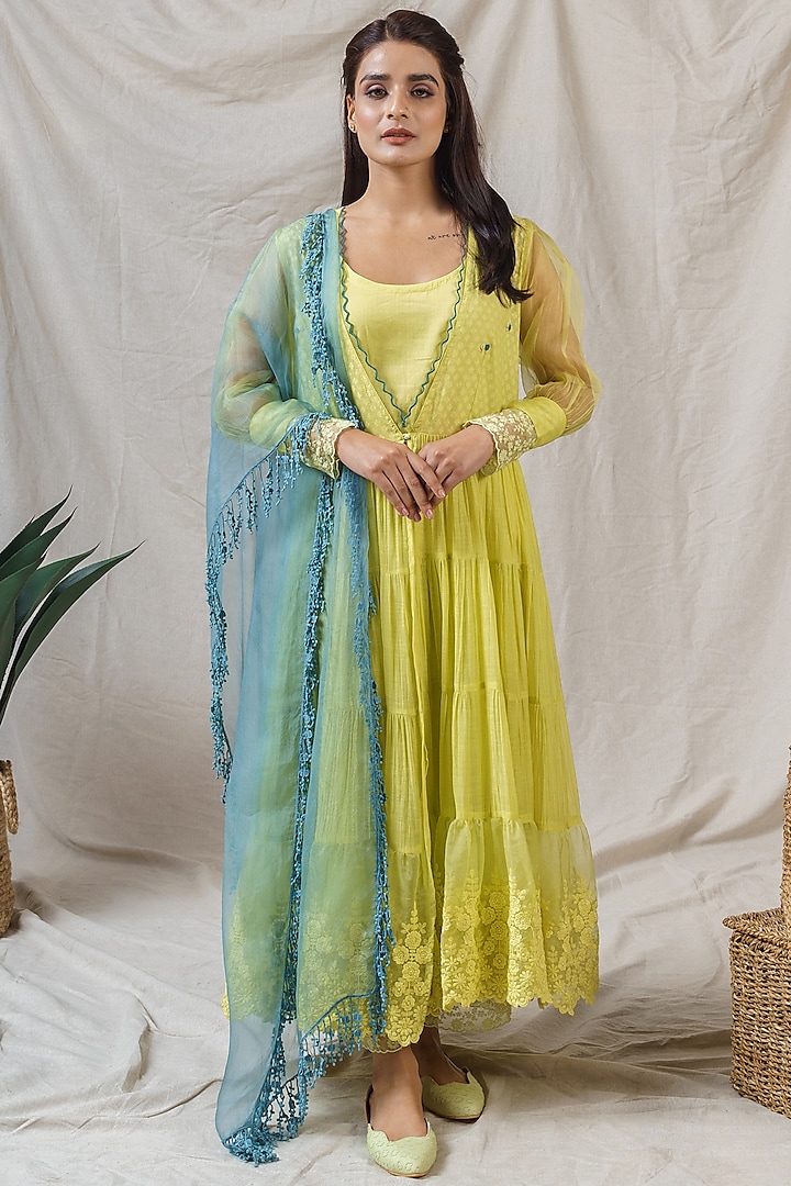 Lime Green Layered Kurta Set by Naaz by noor