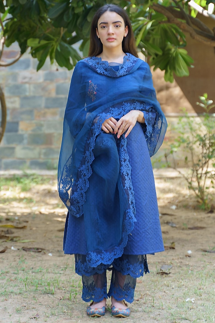 Classic Blue Embroidered Kurta Set by Naaz by noor at Pernia's Pop Up Shop