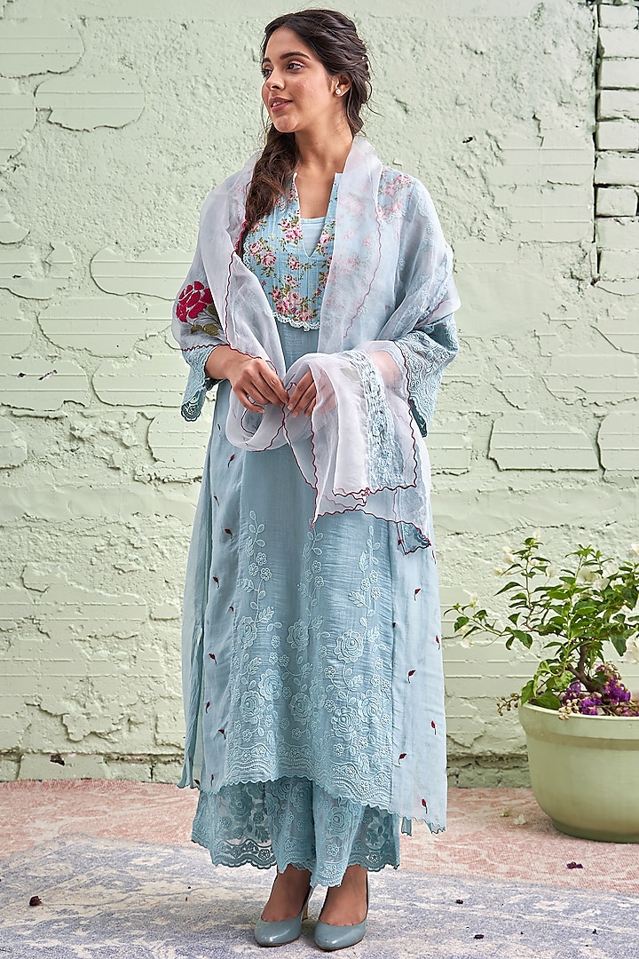 Powder Blue Printed & Embroidered Kurta Set by Naaz by noor