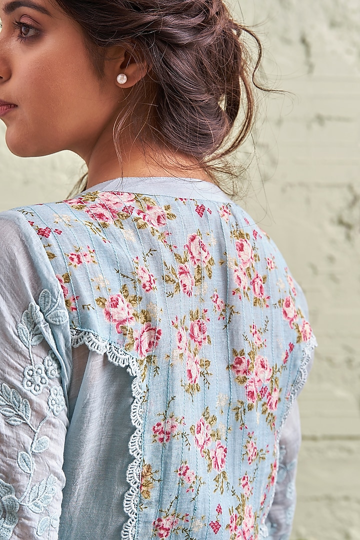 Powder Blue Printed & Embroidered Kurta Set by Naaz by noor at Pernia's Pop Up Shop