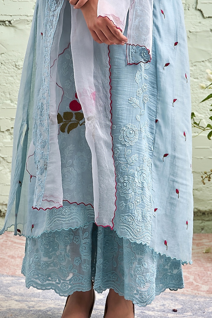 Powder Blue Printed & Embroidered Kurta Set by Naaz by noor at Pernia's Pop Up Shop