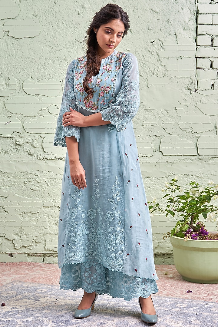 Powder Blue Printed & Embroidered Kurta Set by Naaz by noor at Pernia's Pop Up Shop