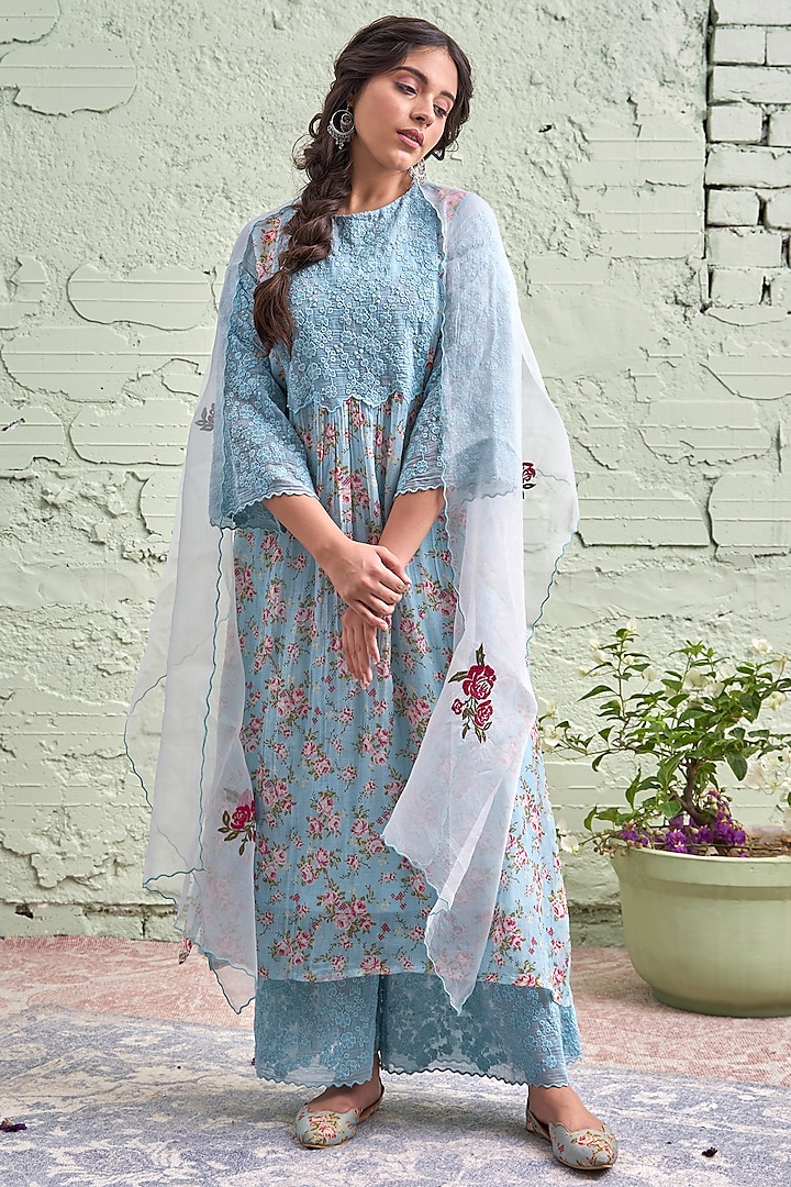 Powder Blue Printed & Motif Embroidered Kurta Set by Naaz by noor
