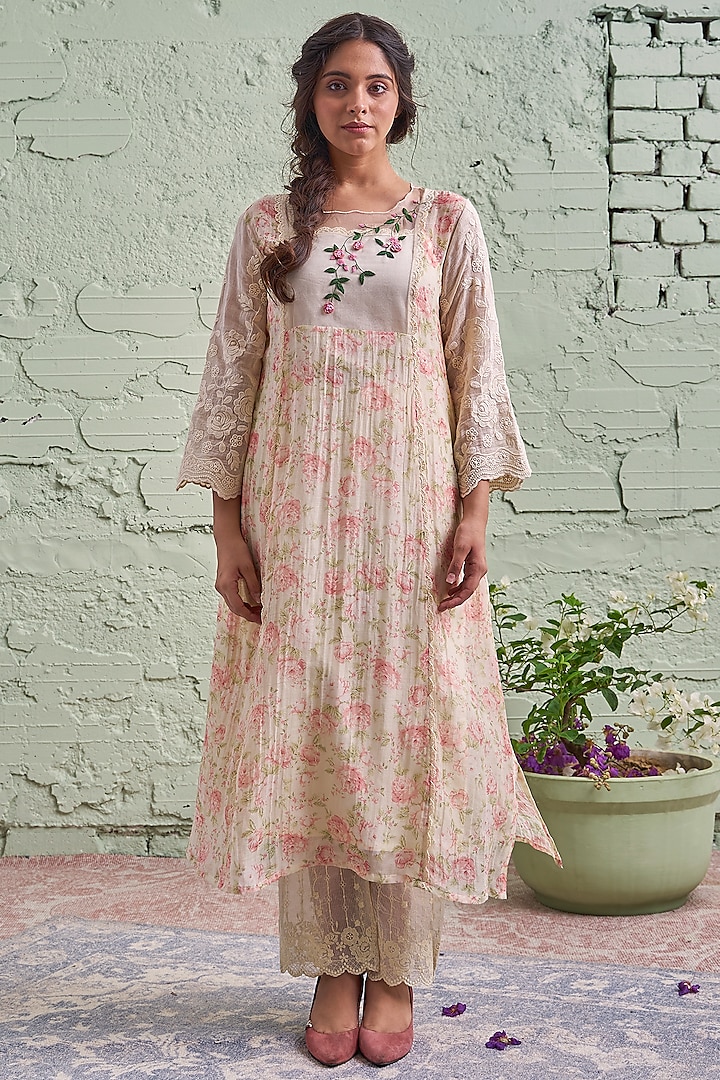 Cream Printed & Hand Embroidered Kurta Set by Naaz by noor