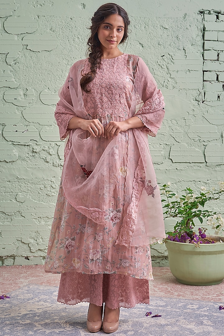 English Pink Printed & Motif Embroidered Kurta Set by Naaz by noor