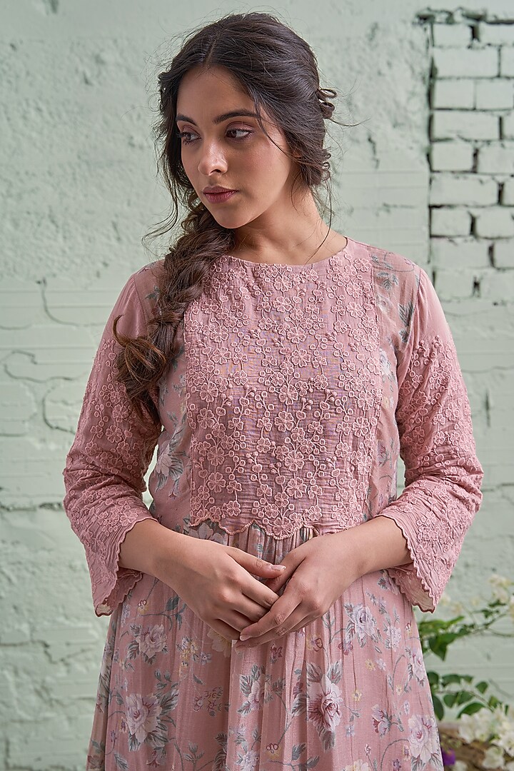 English Pink Printed & Motif Embroidered Kurta Set by Naaz by noor at Pernia's Pop Up Shop