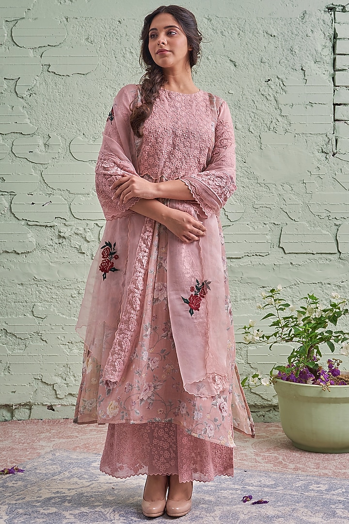 English Pink Printed & Motif Embroidered Kurta Set by Naaz by noor at Pernia's Pop Up Shop