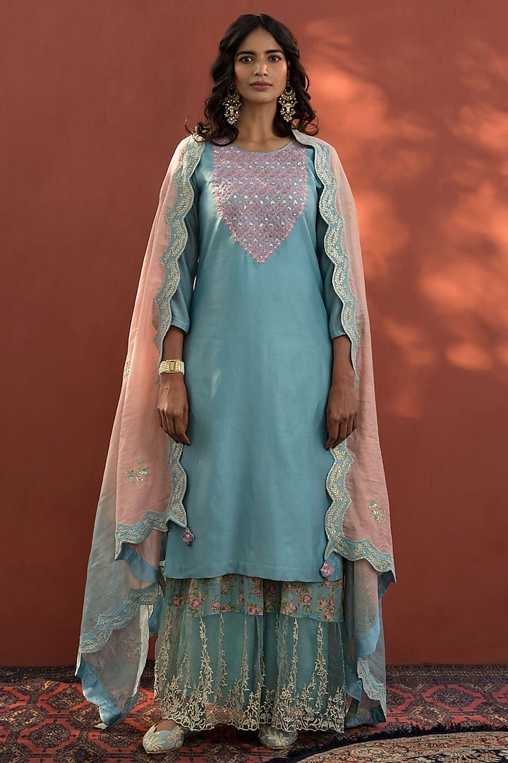 Sky Blue A-line Printed Sharara Set by Naaz by noor