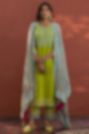 Lime Green Embroidered Kurta Set by Naaz by noor