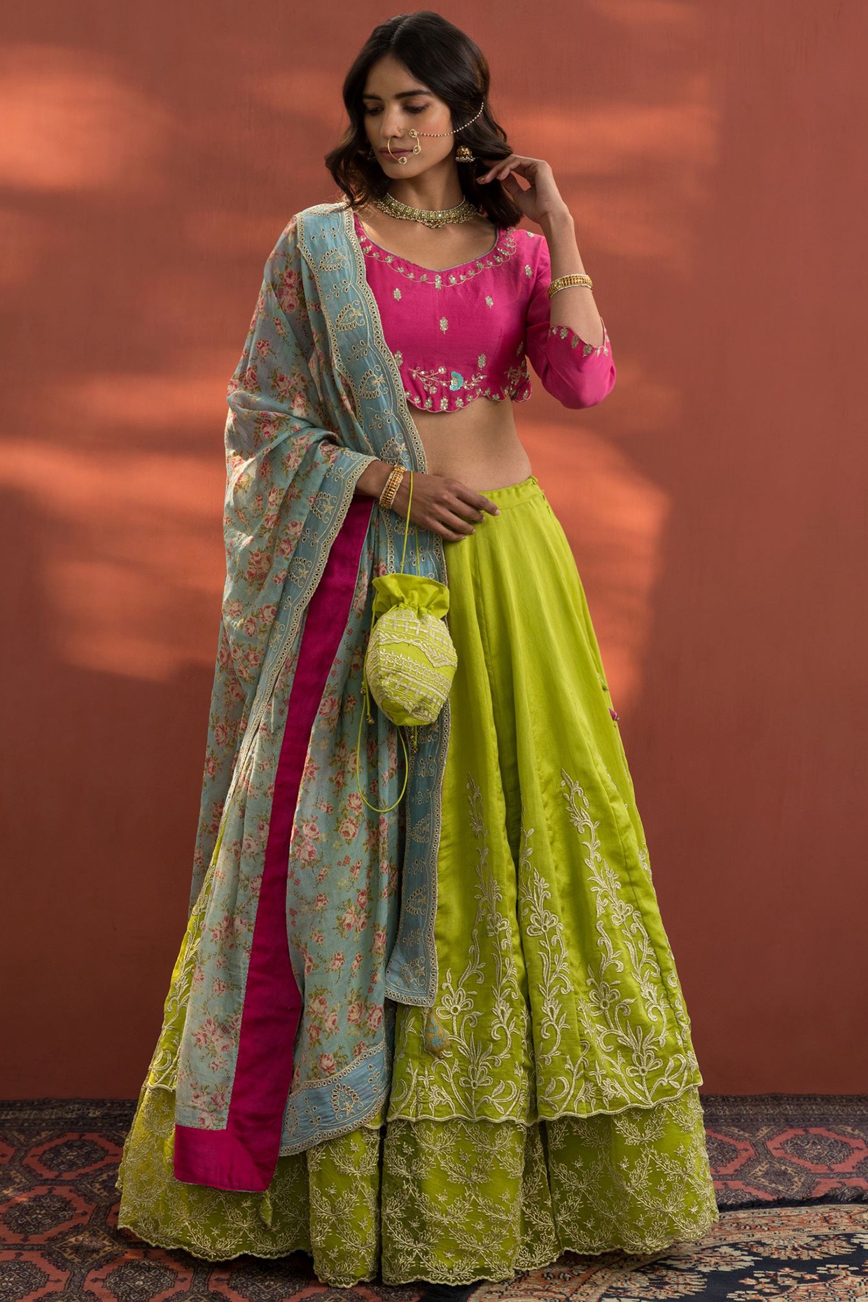 Floral printed lehenga in pink and mint combination for the mehendi  |WedMeGood| Savleen & Harman|#wedm… | Indian wedding dress, Designer  dresses indian, Bridal wear