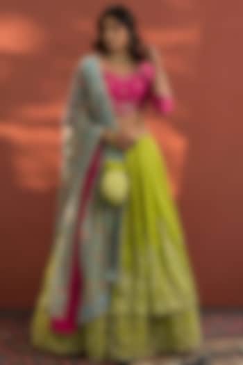 Lime Green Embroidered Lehenga Set by Naaz by noor