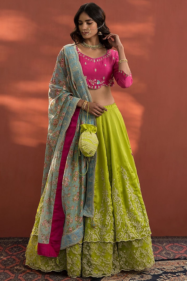 Lime Green Embroidered Lehenga Set by Naaz by noor