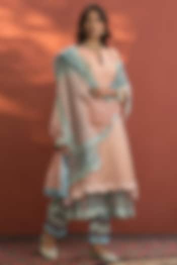 Blush Pink & Sky Blue Striped Chanderi Kurta Set by Naaz by noor