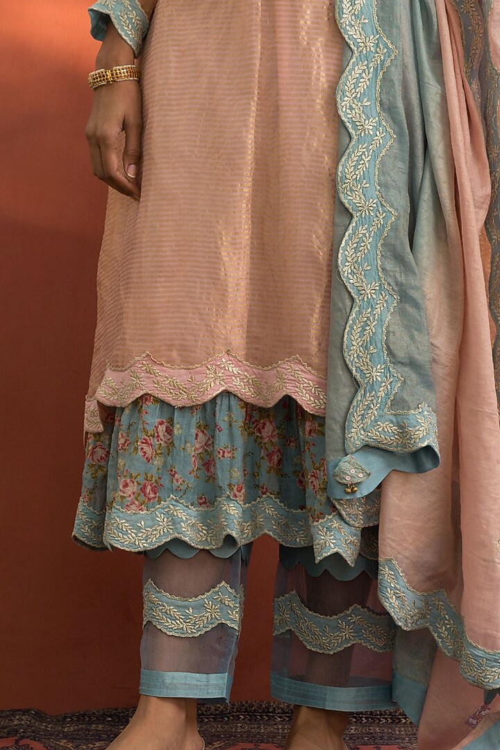 Blush Pink & Sky Blue Striped Chanderi Kurta Set by Naaz by noor at Pernia's Pop Up Shop