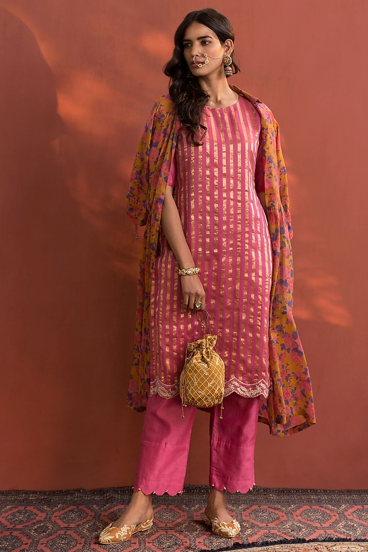 Pink Striped Chanderi Kurta Set by Naaz by noor