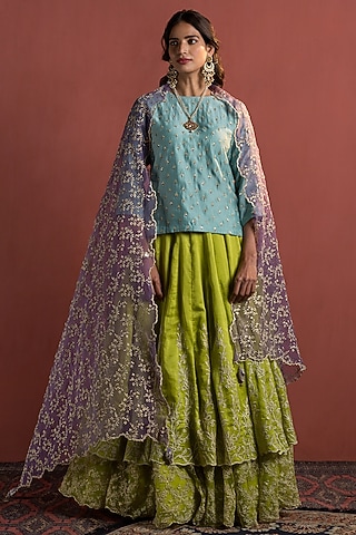 Lime Green Chanderi Layered Lehenga Set by Naaz by noor