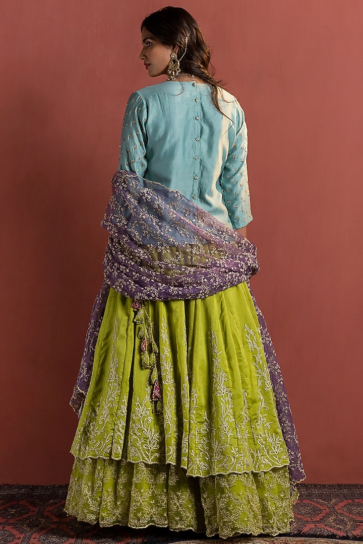 Lime Green Chanderi Layered Lehenga Set by Naaz by noor at Pernia's Pop Up Shop