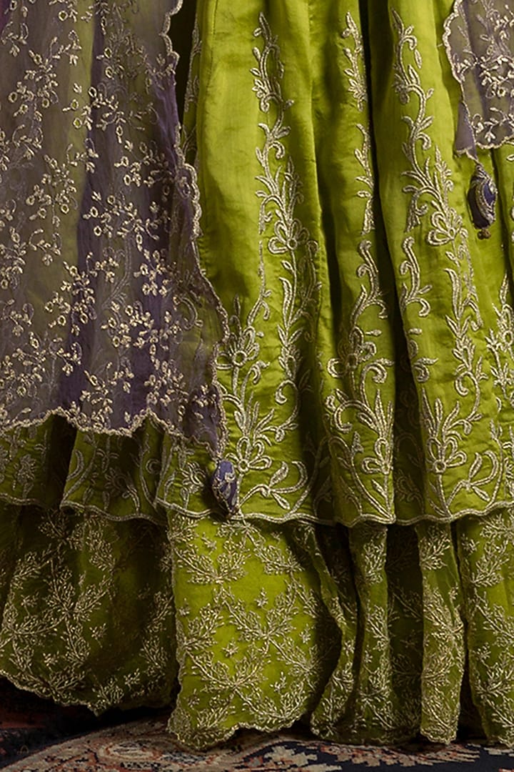 Lime Green Chanderi Layered Lehenga Set by Naaz by noor at Pernia's Pop Up Shop