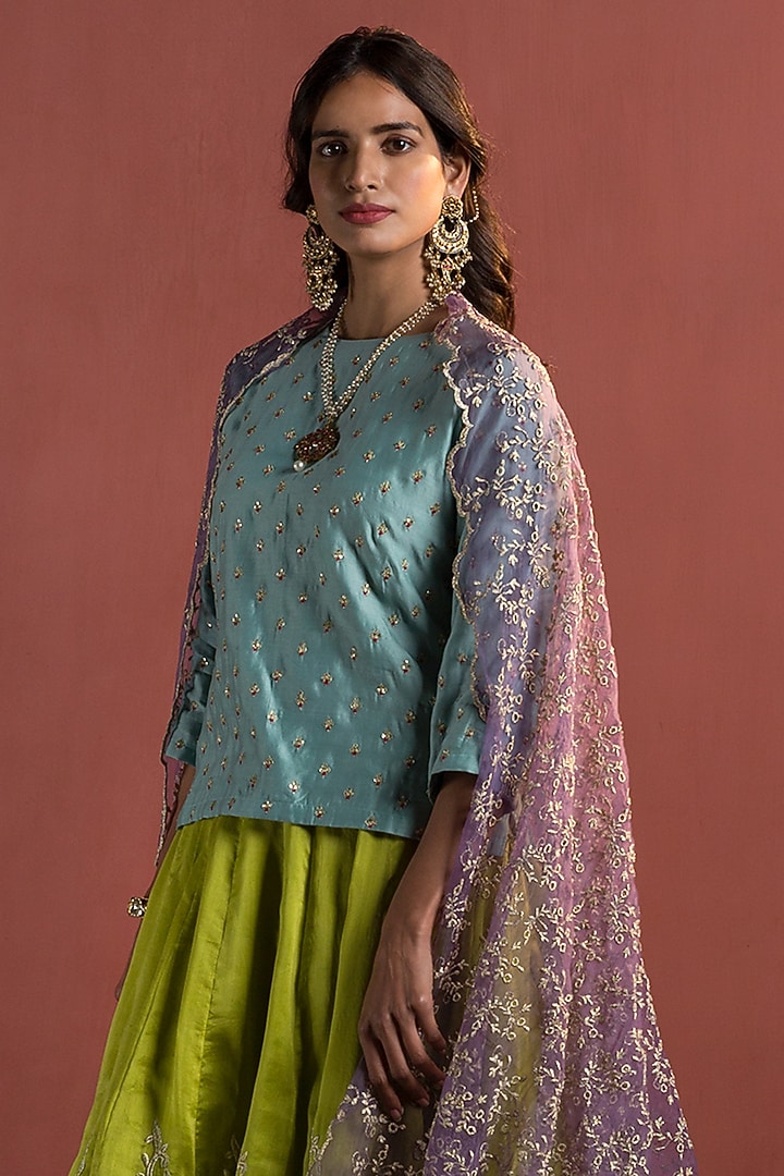 Lime Green Chanderi Layered Lehenga Set by Naaz by noor at Pernia's Pop Up Shop