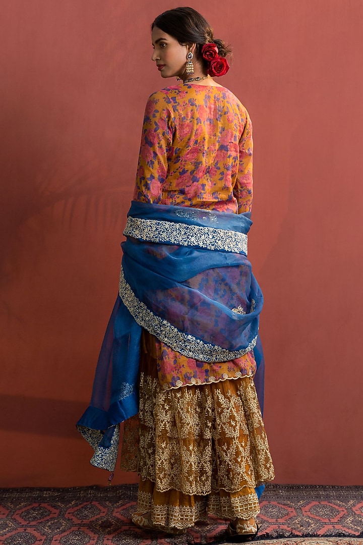 Mustard Chanderi Layered Party Wear Sharara Set by Naaz by noor at Pernia's Pop Up Shop