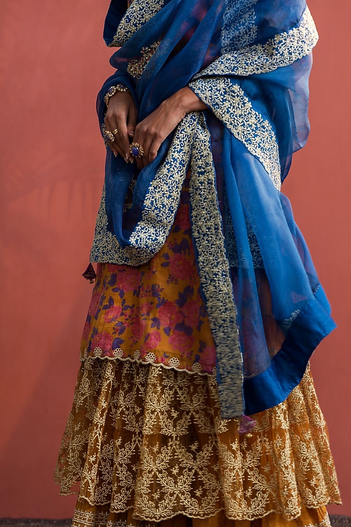 Mustard Chanderi Layered Party Wear Sharara Set by Naaz by noor at Pernia's Pop Up Shop