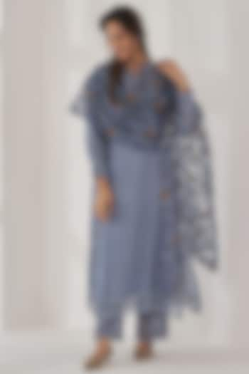 Greyish Blue Organza Thread Embroidered Kurta Set by Naaz by noor at Pernia's Pop Up Shop