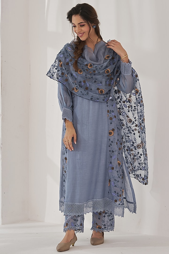 Greyish Blue Organza Thread Embroidered Kurta Set by Naaz by noor