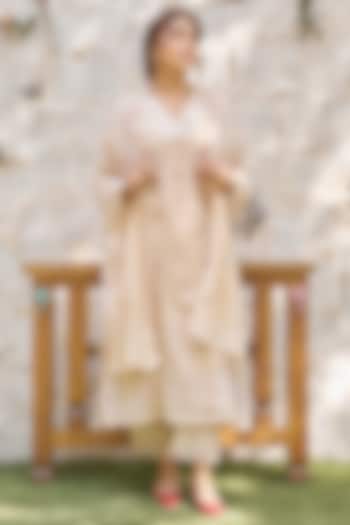 Beige Fine Cotton Chanderi Lace Embroidered Kurta Set by Naaz by noor at Pernia's Pop Up Shop