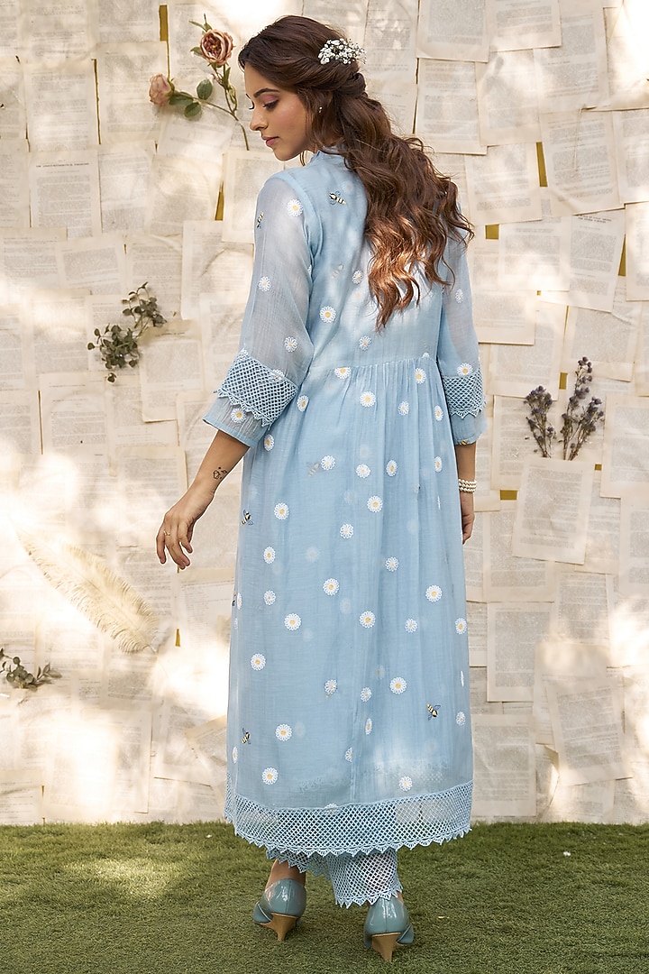 Blue Fine Cotton Chanderi Thread Embroidered Kurta Set by Naaz by noor at Pernia's Pop Up Shop