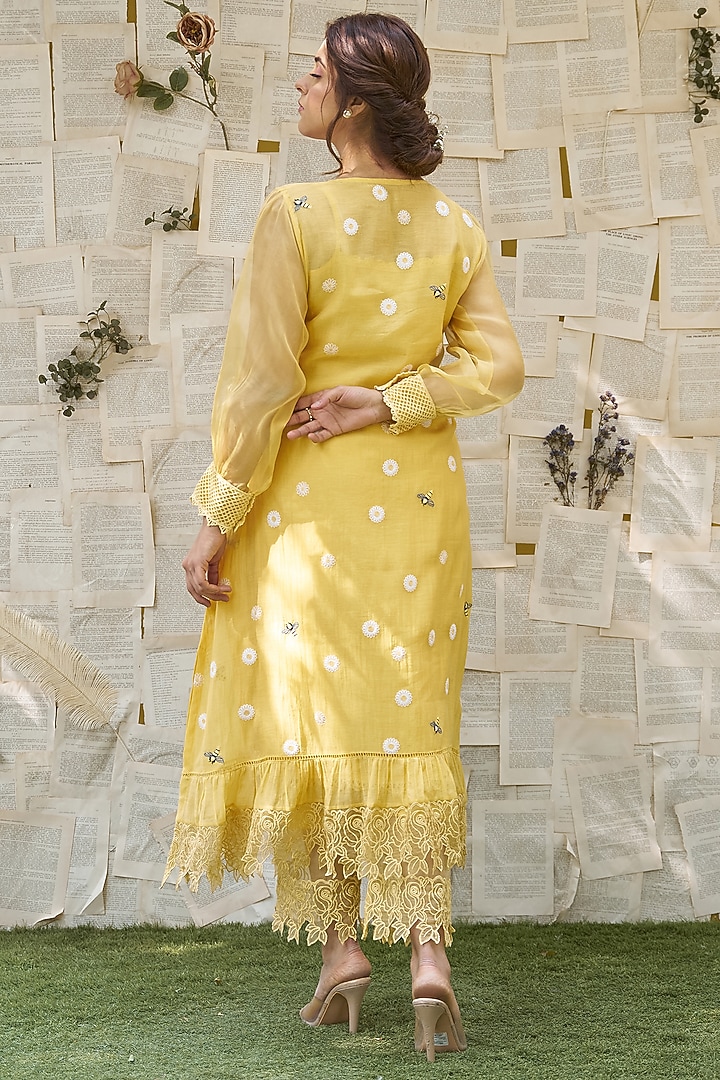 Yellow Cotton & Chanderi Lace Embroidered Kurta Set by Naaz by noor at Pernia's Pop Up Shop