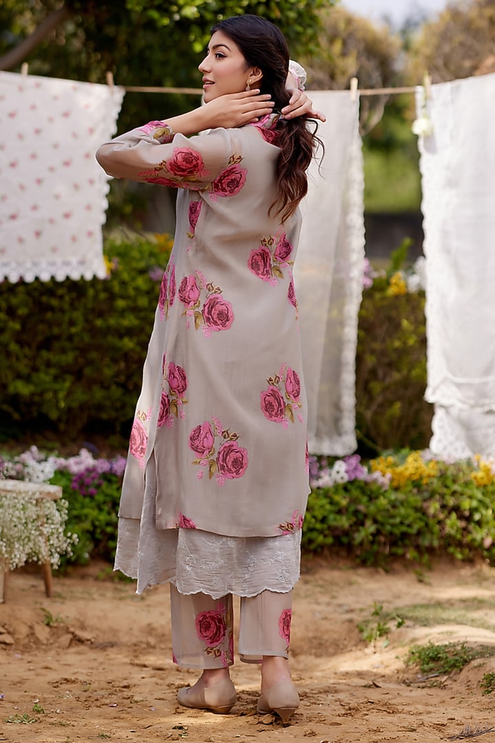Grey Fine Cotton Chanderi Rose Printed Kurta Set by Naaz by noor at Pernia's Pop Up Shop