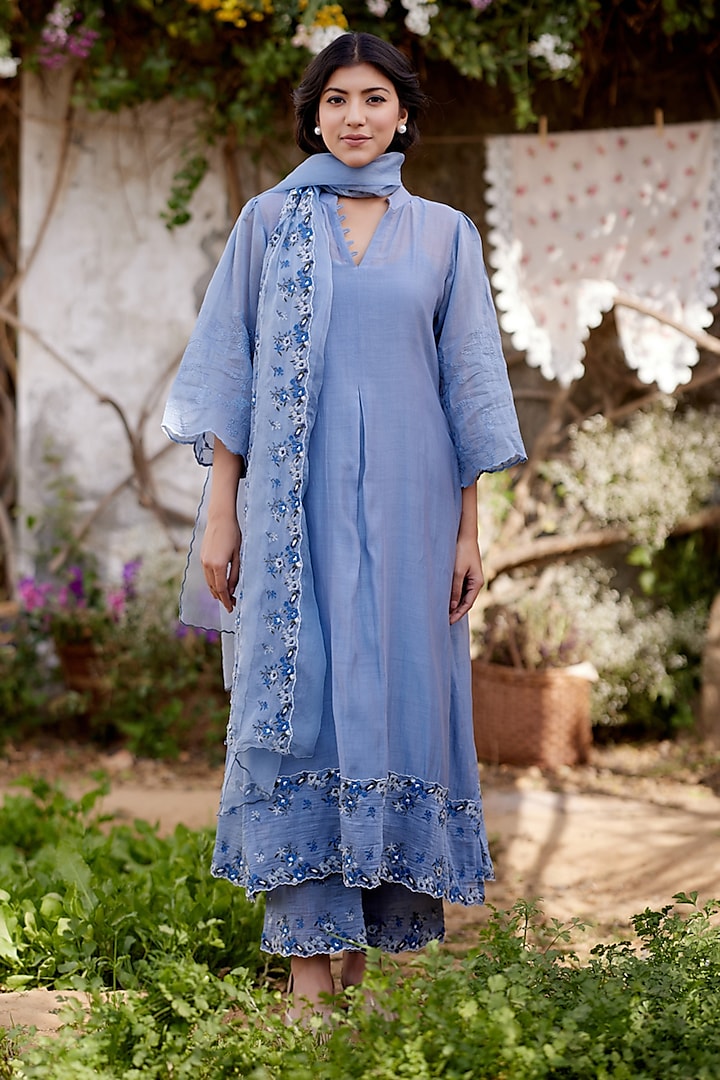 Blue Fine Cotton Chanderi Embroidered Kurta Set by Naaz by noor at Pernia's Pop Up Shop