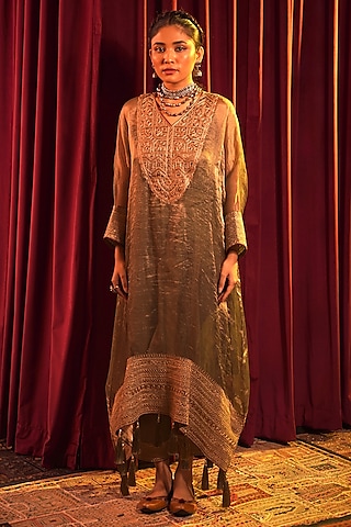 Green Tissue Dori Embroidered Kaftan Set by Nabo