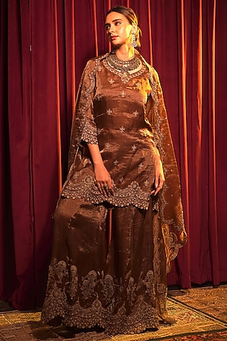 Brown Tissue Zari Embroidered Sharara Set by Nabo