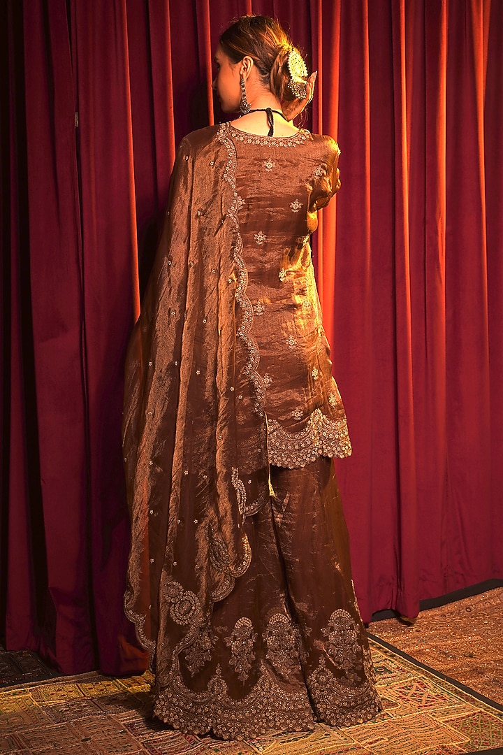 Brown Tissue Zari Embroidered Wedding Sharara Set by Nabo at Pernia's Pop Up Shop