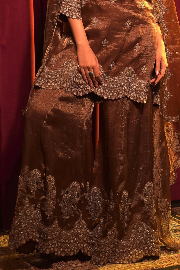 Brown Tissue Zari Embroidered Wedding Sharara Set by Nabo at Pernia's Pop Up Shop