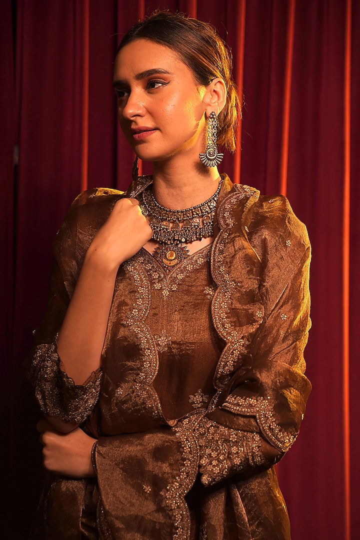 Brown Tissue Zari Embroidered Wedding Sharara Set by Nabo at Pernia's Pop Up Shop