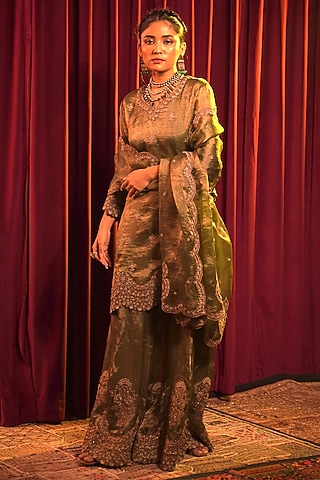Green Tissue Zari Embroidered Sharara Set by Nabo