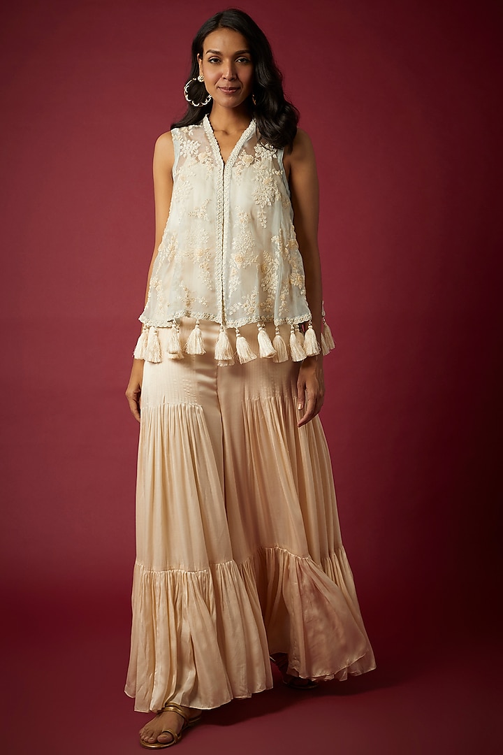 Ivory Satin & Organza Embroidered Cape With Jumpsuit by Nabo