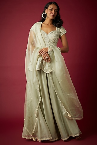 Mint Green Silk Chanderi Sharara Set by Nabo